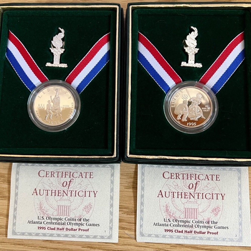 1995 HALF DOLLARS (2) U.S MINT OLYMPIC PROOF CLAD COMMENERA BASEBALL/BASKETBALL